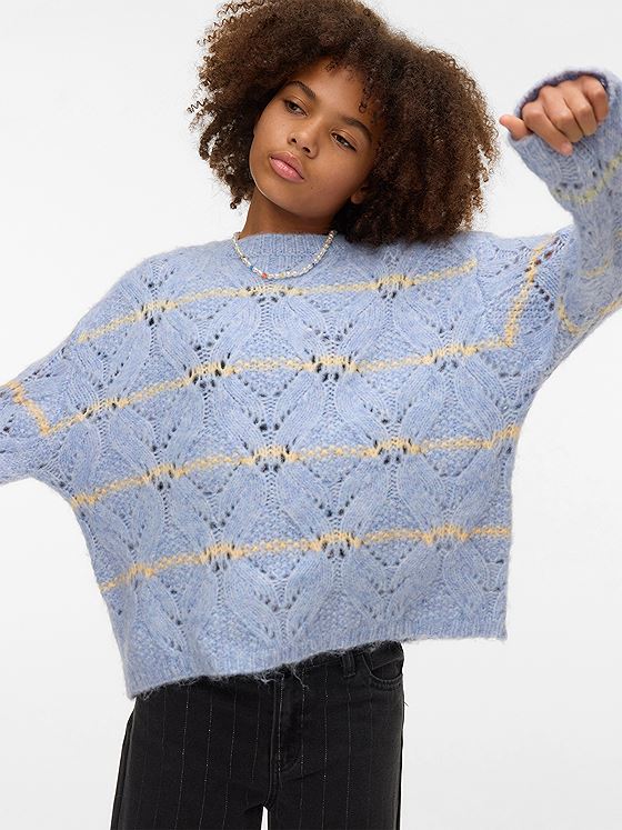 Vero Moda Girl New Hatty Long Sleeve O-Neck Stitch Pullover Brunnera Blue W. SPACE DYE